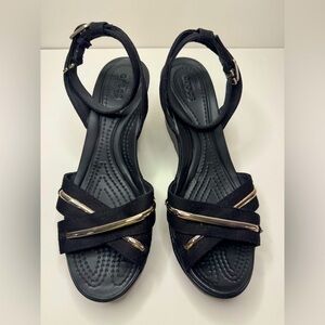 CROCS Elegant Black Sandals with Gold Straps